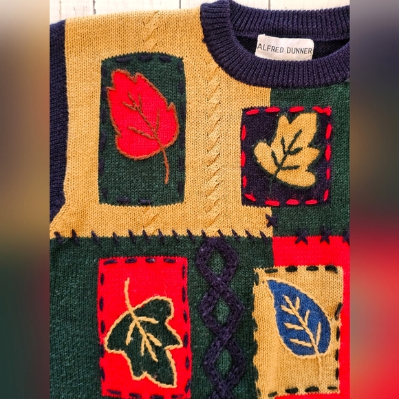 Vintage Alfred Dunner Blue Red Green Patchwork Longsleeve Fall Sweater Leaves - Picture 3 of 10